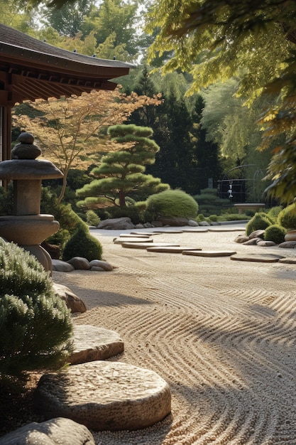 A peaceful Japanese garden with meticulously raked gravel and serene stone lanterns