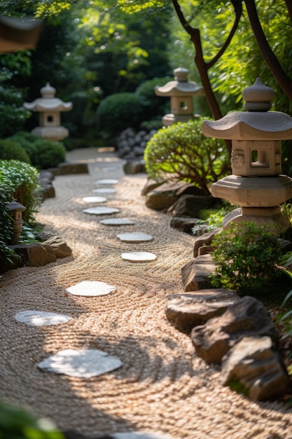 Мирный японский сад с тщательно вырезанным гравием и спокойными каменными фонарями