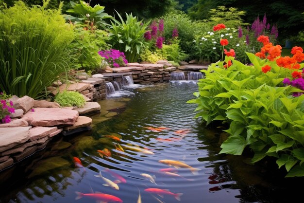 A peaceful koi pond with water lilies floating