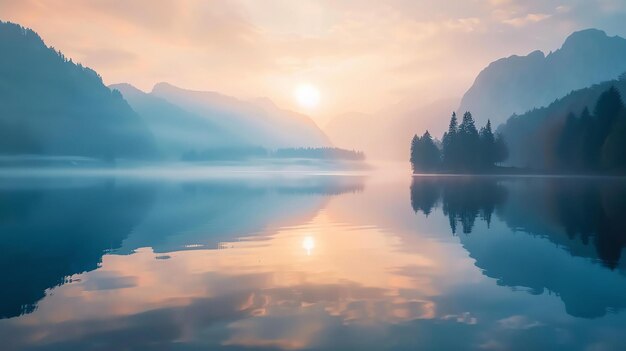 Foto il lago tranquillo riflette la bellezza delle montagne circostanti la luce morbida del sole che tramonta dipinge il cielo con sfumature di rosa e arancione