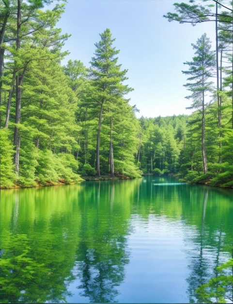 A peaceful lake surrounded by tall trees and a warm summer breeze