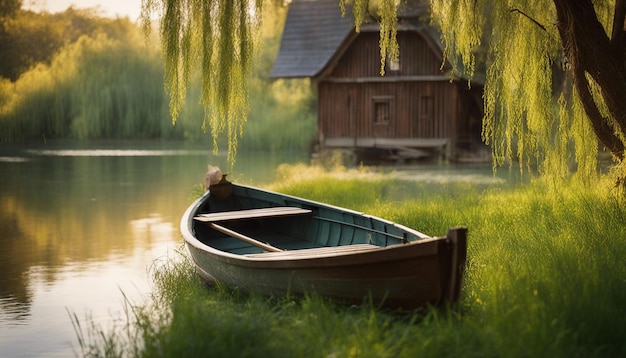 A peaceful lakeside in countryside scene with a rowboat and rustic watermill