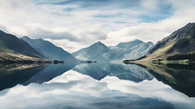 Фото Мирная сцена на берегу озера с зеркальным отражением гор