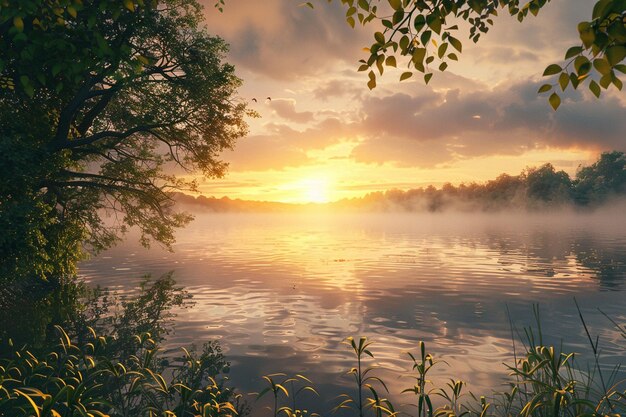 A peaceful lakeside sunrise with mist rising