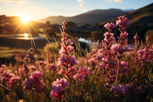 Peaceful landscape capturing the beauty of a lavendercovered hillside at sunset