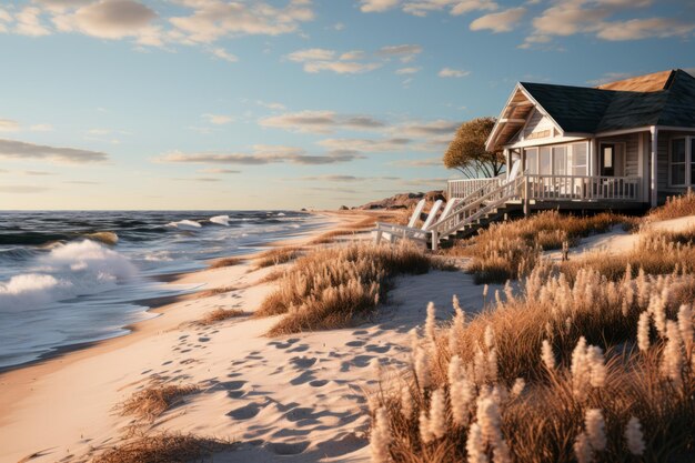 Foto paesaggio tranquillo che cattura il fascino di un cottage costiero annidato tra le dune di sabbia