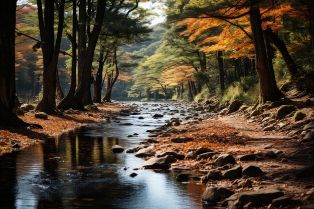 Photo peaceful landscape featuring a gentle stream winding through a dense