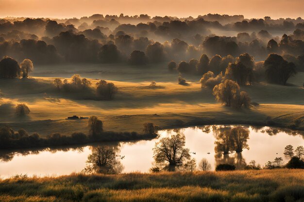 Photo peaceful landscape golden hour beautiful landscape with trees in the meadow and lake at sunset