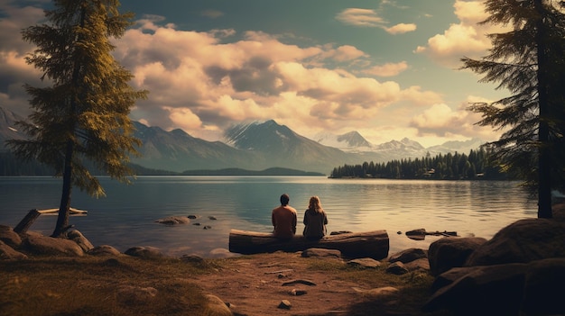 Photo peaceful landscape lake and couple