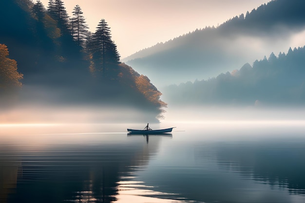 Peaceful landscape near lake foggy morning AI image