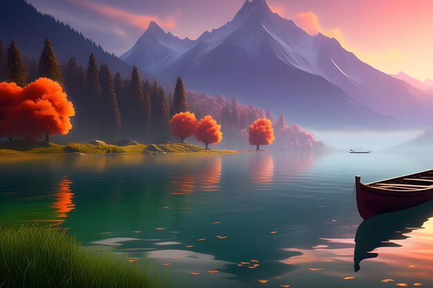 Peaceful landscape near lake foggy morning AI image