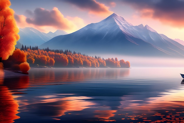 湖の近くの平和な風景 霧の朝のAI画像