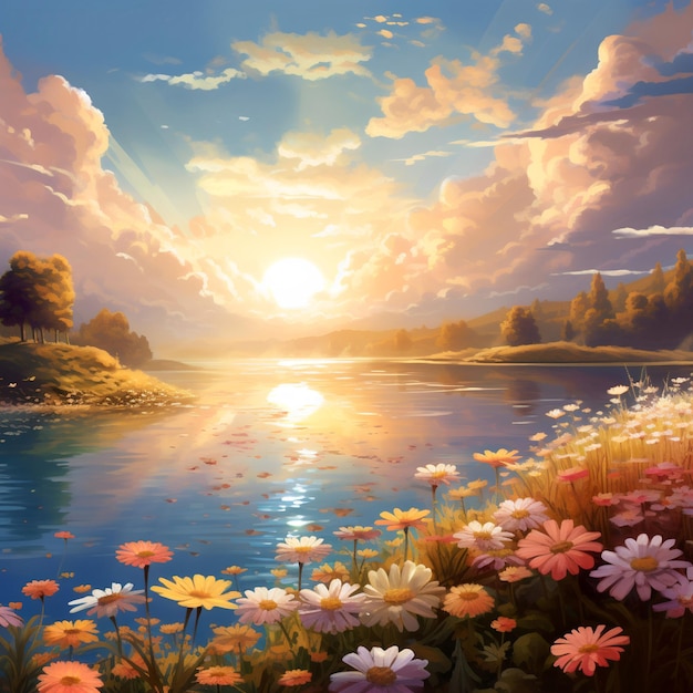 a peaceful landscape serene river with flowers on the banks