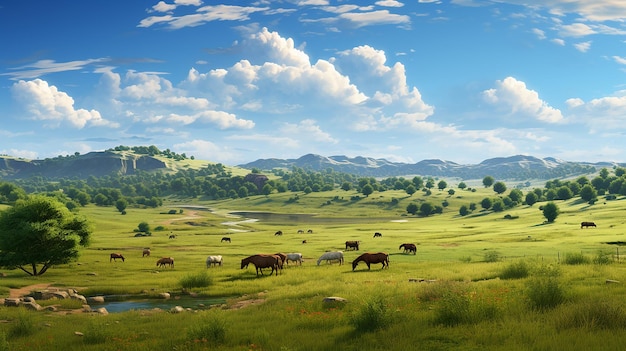 牧草する馬と平和な風景