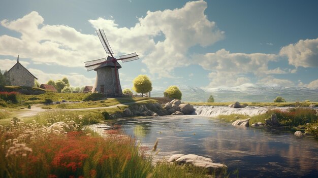 Photo peaceful landscape with river and windmill