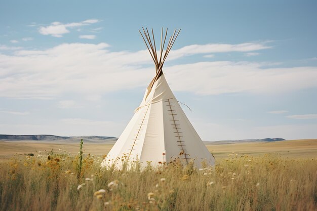 Foto paesaggio tranquillo con un teepee su una vasta prateria