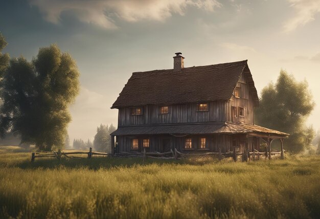 Peaceful Landscapes of a Farmhouse in the Middle of a Fields