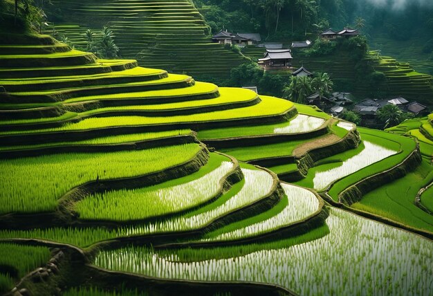 Peaceful Landscapes of a Lush Terraced Rice Fields in a Beautiful Hilly Area