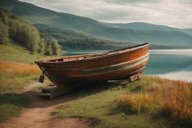 Peaceful landscapes old rusty fishing boat on the slope along the shore of the lake