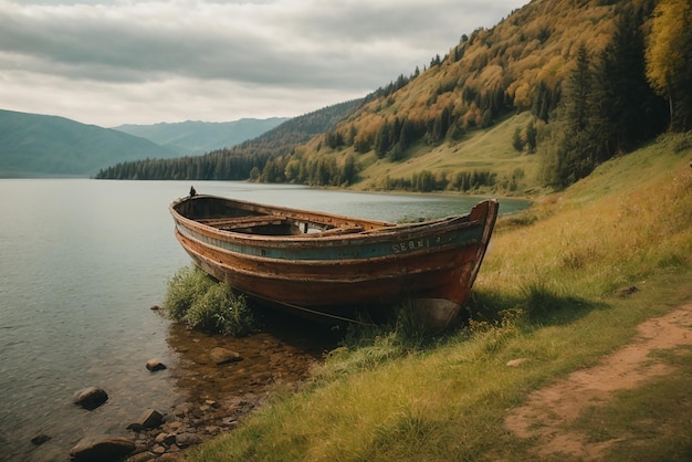 Peaceful landscapes old rusty fishing boat on the slope along the shore of the lake