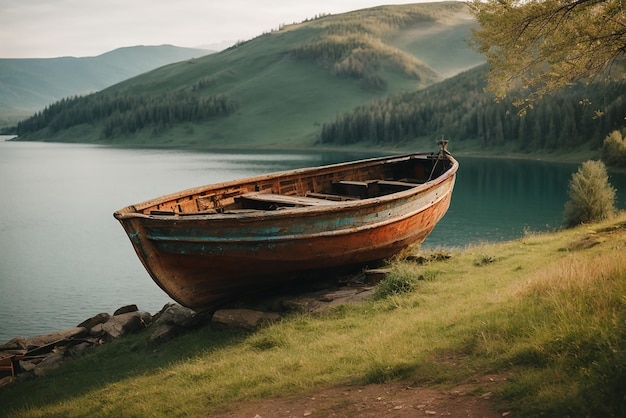 Peaceful landscapes old rusty fishing boat on the slope along the shore of the lake