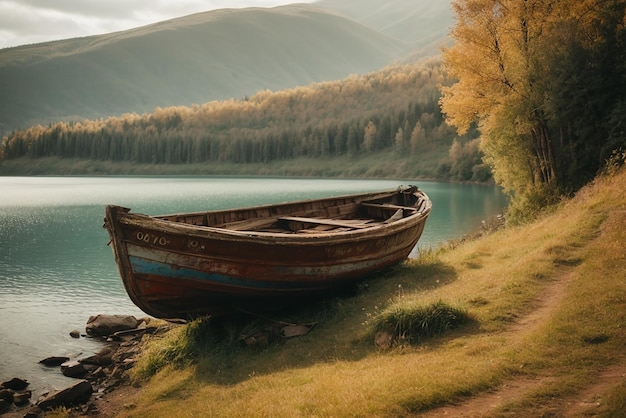 Peaceful landscapes old rusty fishing boat on the slope along the shore of the lake