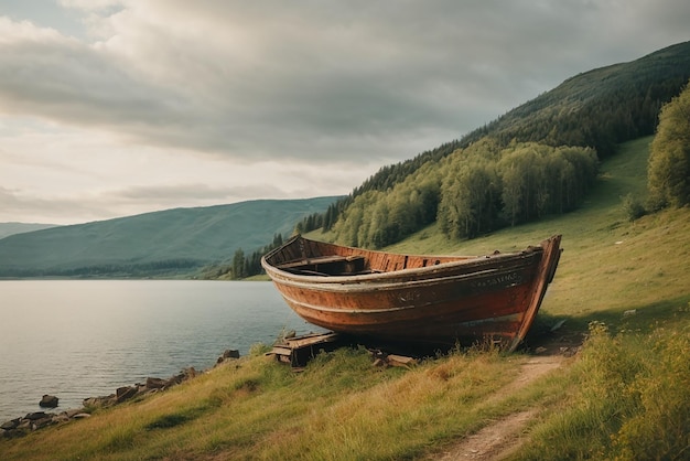 Peaceful landscapes old rusty fishing boat on the slope along the shore of the lake