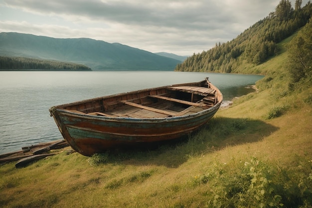 Peaceful landscapes old rusty fishing boat on the slope along the shore of the lake