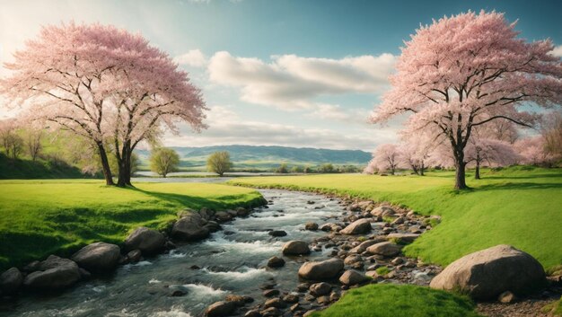 写真 緑の草の広大な平和な風景 小さな川 サキュラの木と岩