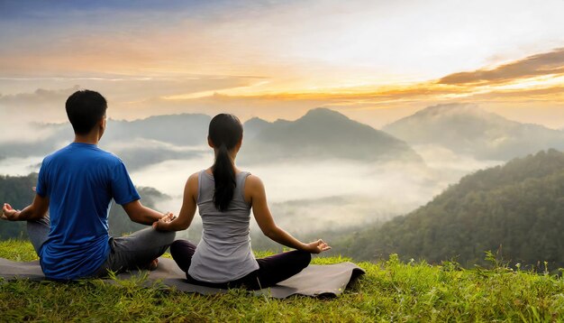 사진 peaceful lifestyle photo shot of man and woman sitting on a mountain top peacefully ai generated