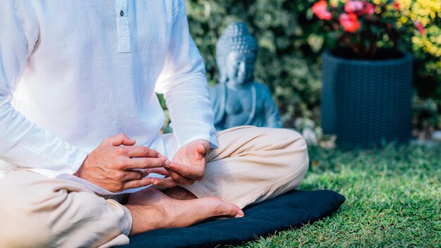 Peaceful Man Meditating Sitting in Lotus Position