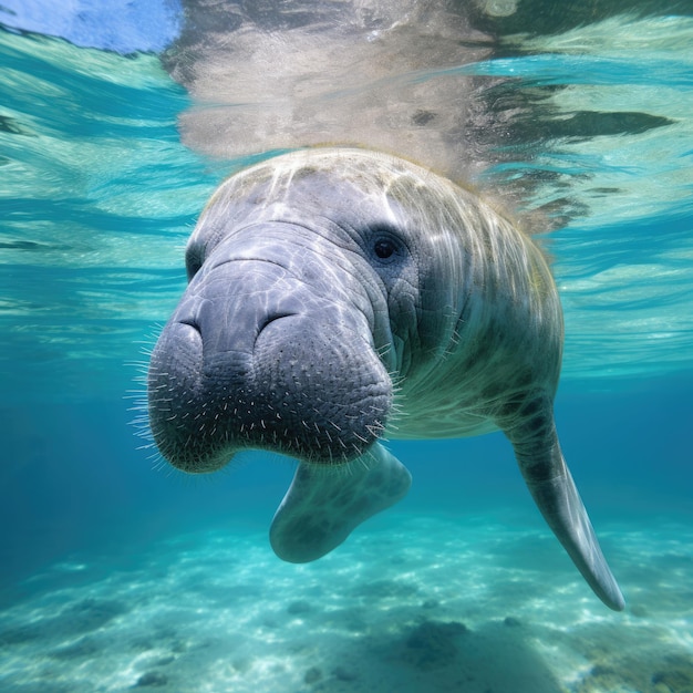 Photo peaceful manatee swimming in clear blue waters