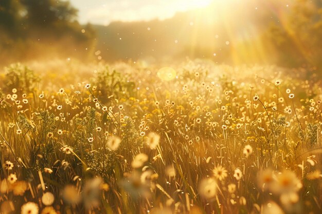 Photo a peaceful meadow bathed in golden sunlight