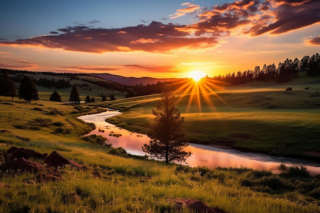 Peaceful meadow under the evening sun golden hour background wallpaper