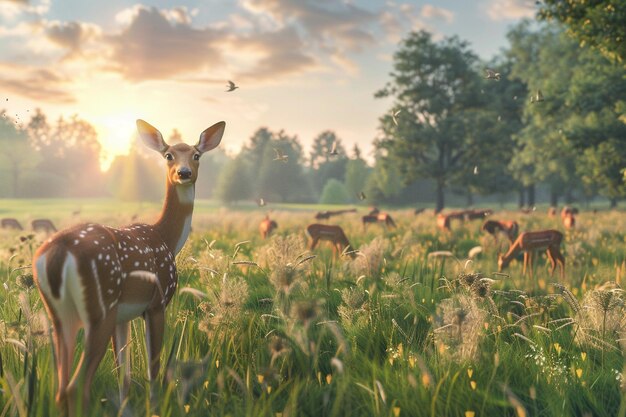 A peaceful meadow filled with grazing deer