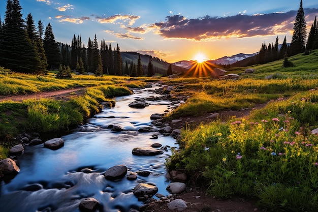 Фото Мирный луговый пейзаж под вечерним солнцем золотой час фоновые обои