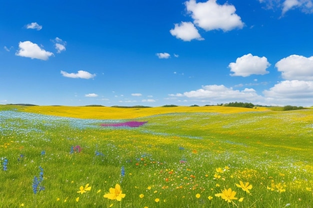 A peaceful meadow with colorful wildflowers and a clear blue sky background or wallpaper