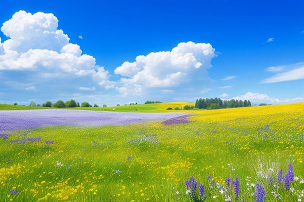 A peaceful meadow with colorful wildflowers and a clear blue sky background or wallpaper