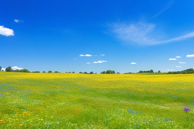 A peaceful meadow with colorful wildflowers and a clear blue sky background or wallpaper