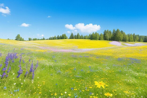 Photo a peaceful meadow with colorful wildflowers and a clear blue sky background or wallpaper