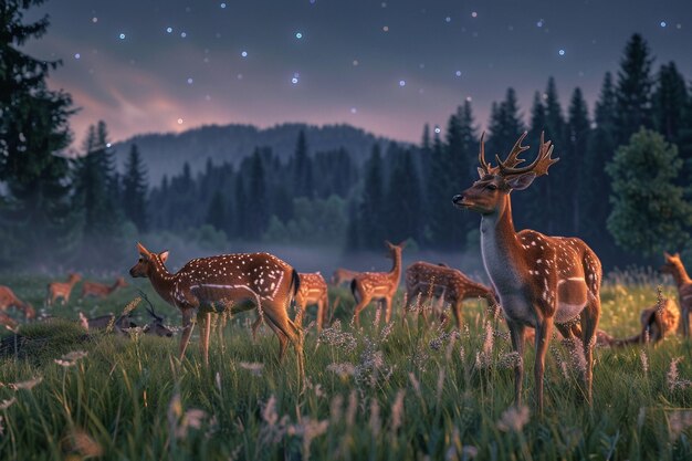 A peaceful meadow with grazing deer at night