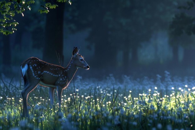 A peaceful meadow with grazing deer at night