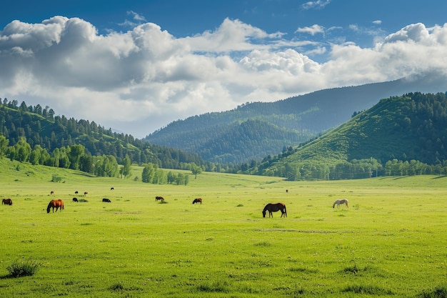 牧草 の 馬 たち と 共 に やか な 草原