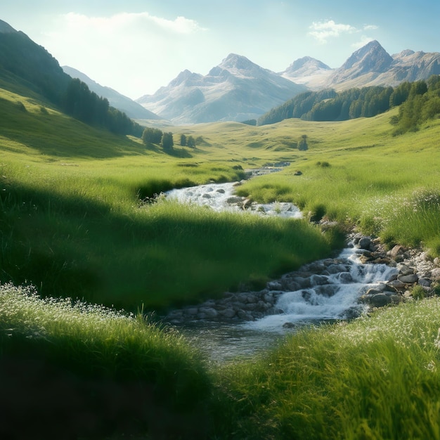 A peaceful meadow with a winding stream and a distant mountain range