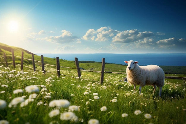 Foto a peaceful meadow with a wooden fence and grazing