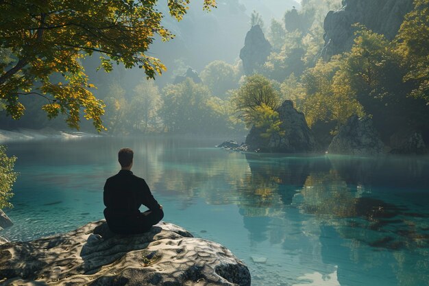 Peaceful meditation by a serene lake octane render