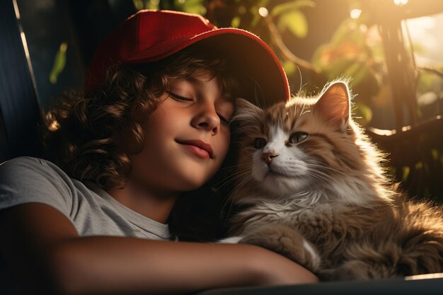 Peaceful moment captured as child holds cat in warm sunlight AI Generated content