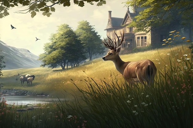 Peaceful moment with deer grazing in the meadow