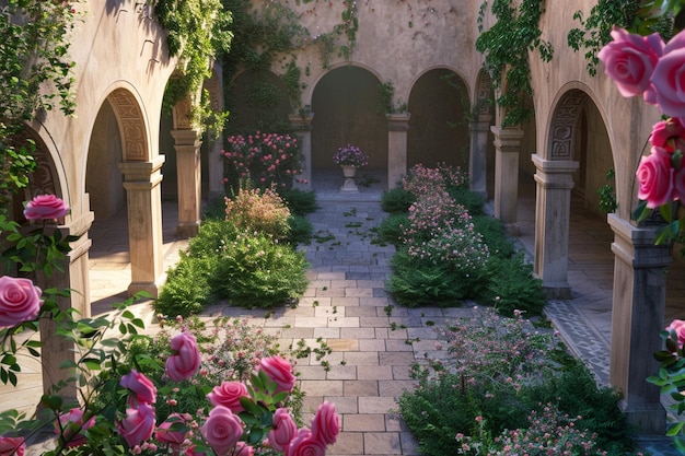 Peaceful monastery courtyard with blooming roses o