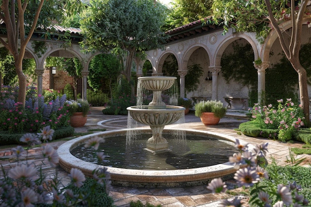 Peaceful monastery garden with tranquil fountains